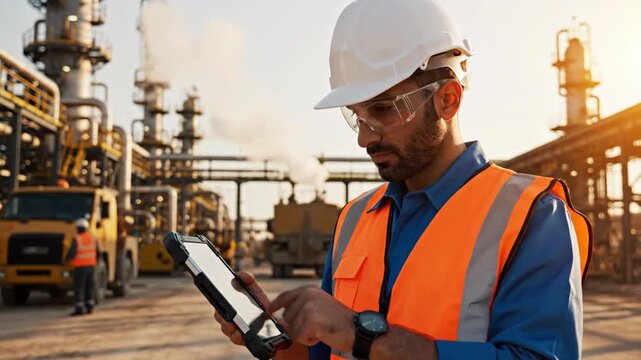 A professional engineer in safety gear uses a digital tablet at an industrial refinery plant, overseeing operations.
