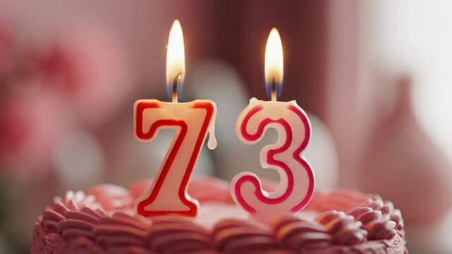 Candles Lit on a Cake for a Seventy-Three Year Olds Birthday Celebration, Close Up