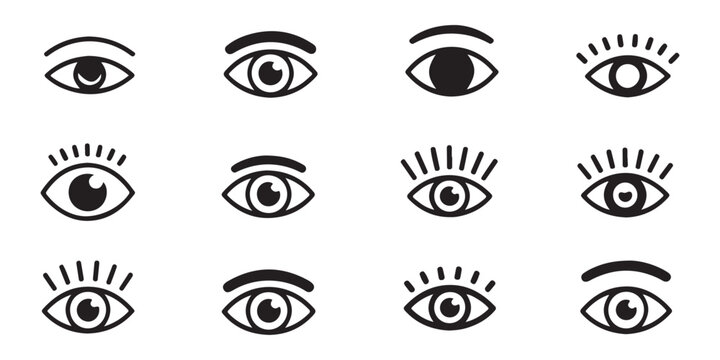 Group of simple eye icons representing sight perception vision and awareness in various styles.