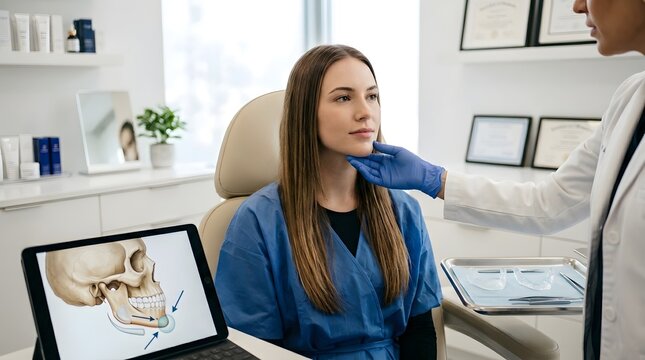 Young Female Patient Wearing Blue Scrubs Sitting in Clinic Chair While Doctor Examines Jaw with Skull X Ray Displayed on Tablet Showing Dental Orthodontic Consultation Medical Examination