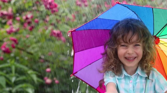 Happy child with rainbow umbrella having fun in the rain against green spring blurred background outdoors. Slow motion