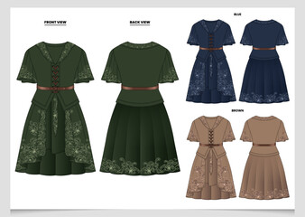 Obraz premium Elegant Fantasy Dress Technical Fashion Flat Sketch Vector Set Front and Back Views Floral Ornamental Dress Design Template in Green Blue and Brown Colors for Women Apparel Illustration