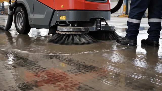 A professional industrial floor scrubber machine operated by a worker cleans a large wet concrete floor in a factory or warehouse, ensuring cleanliness and hygiene.