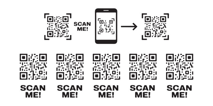 Qr code scan me instructions for smartphone application users with black icons on transparent grid.