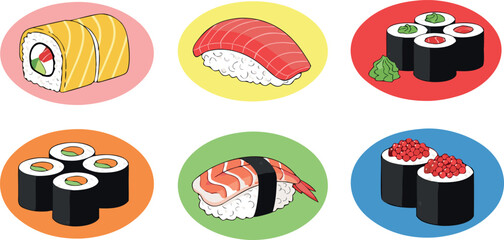 Set of Colorful Circular Sushi Icons Featuring Nigiri Maki and Salmon Rolls for Japanese Restaurant Menu © MdMojnu