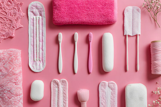 A pink background with different feminine hygiene items.