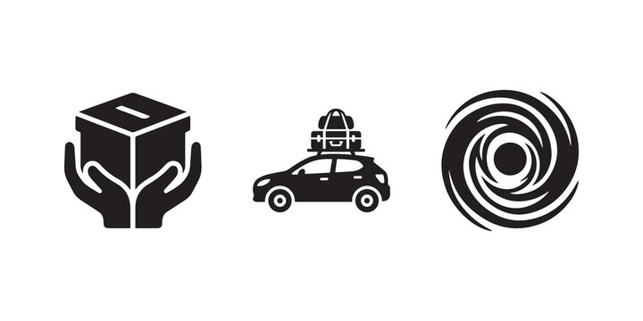 Logistics icons, delivery symbols, shipping labels, transportation signs, black and white graphics