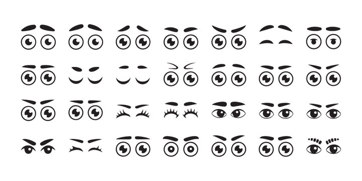 Cartoon eye expressions set with various eyebrow shapes and pupil positions for character design use.