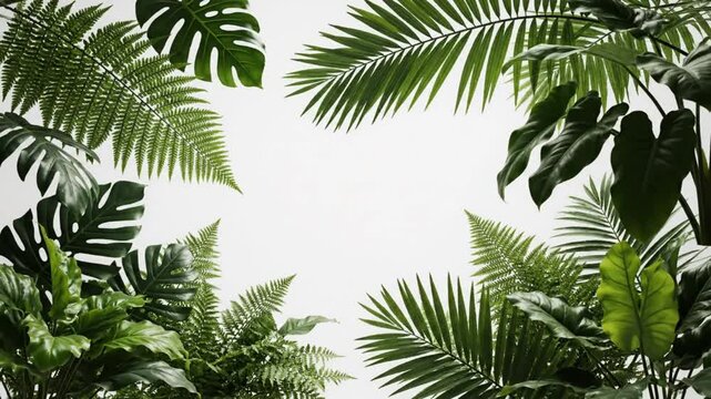 Lush green tropical plants frame a bright white space for text or design elements perfect for nature themes