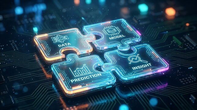 Interlocking puzzle pieces representing data, model, prediction, and insight, symbolizing the machine learning process on a digital circuit board.