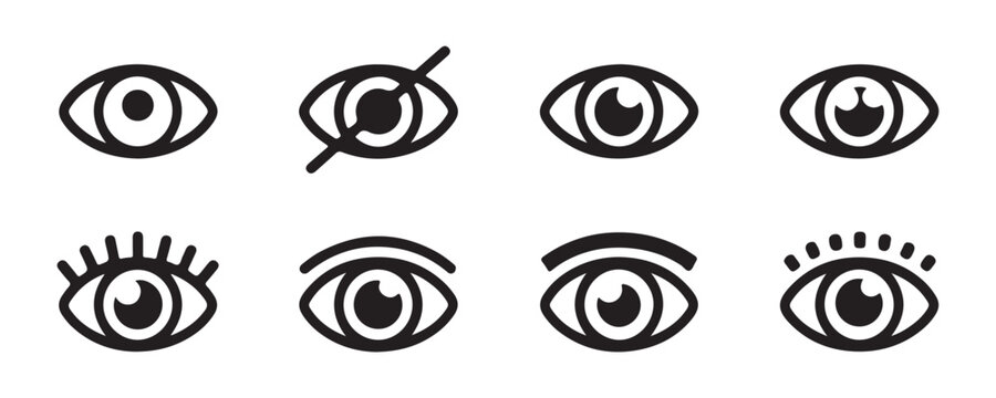 Diversity of eye icons including eyelash details and visibility options for web interface projects.
