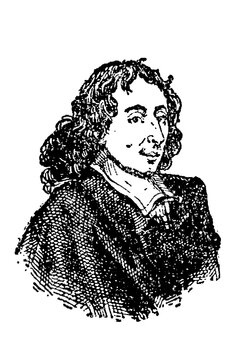 Blaise Pascal with curly hair and period clothing, detailed linework and shading, old vintage illustration, 1897.