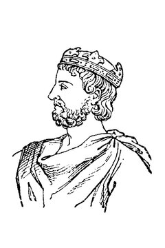 King Pepin the Short (Pepin le Bref), wearing an ornate crown and a regal robe, old vintage illustration, 1897.