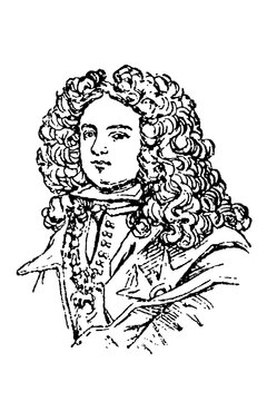 Philip V of Spain with voluminous curls and ornate royal attire, old vintage illustration, 1897.