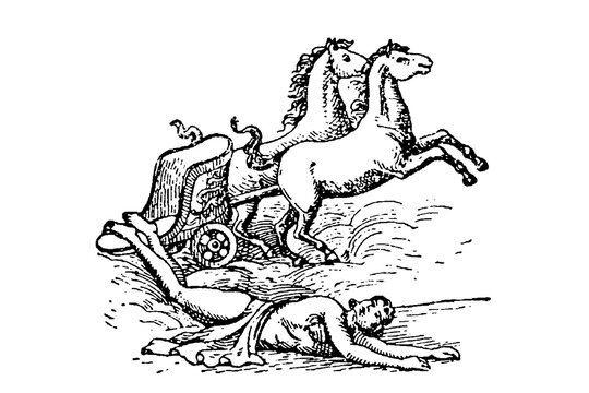 Fall of Phaeton, Overturned Chariot, Fallen Charioteer, Startled Horses, Vintage Wood Engraving, Old Vintage Illustration, 1897.