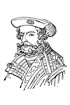 Claudius Ptolemy with beard and Renaissance attire, wearing a beret, old vintage illustration, 1897.