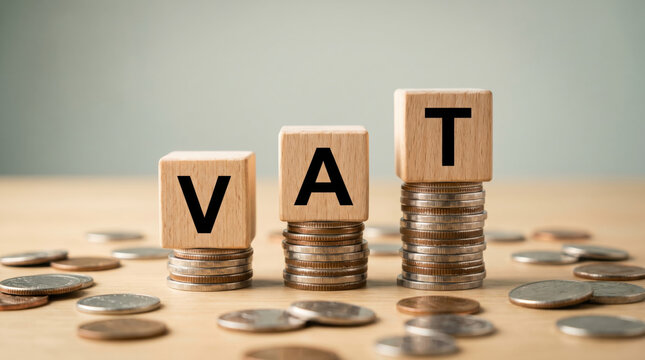 VAT taxation and financial accounting concept with wooden letter blocks spelling VAT stacked on coins representing business tax management and corporate finance