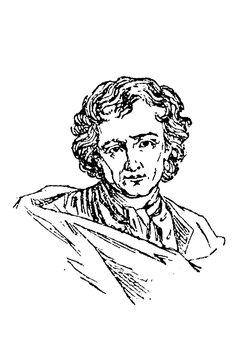 Pierre Puget, French sculptor, with curly hair and thoughtful expression, dressed in historical attire, plain background, old vintage illustration, 1897.