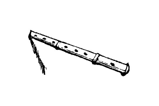 Simple wooden flute with six finger holes, rustic wood texture, and tassel on one end, old vintage illustration, 1897.
