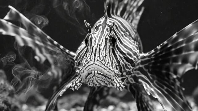 Black and white close up of a striking lionfish displaying intricate patterns in an underwater setting, swimming towards the camera