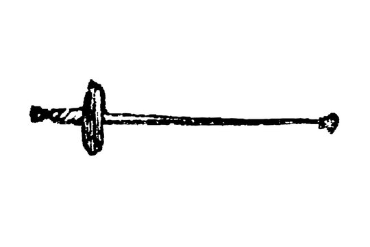 Simple rapier-like sword with round guard, minimalist black and white line art, old vintage illustration, 1897.
