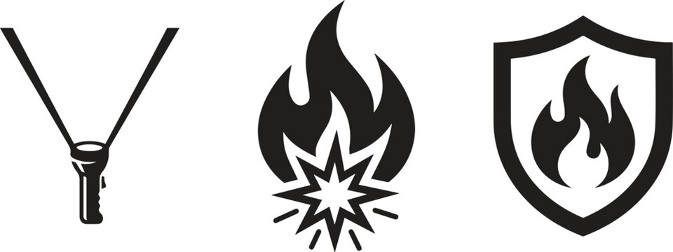 Fire icons, shield flame, explosion symbols, black line art graphics, 3 vector graphics