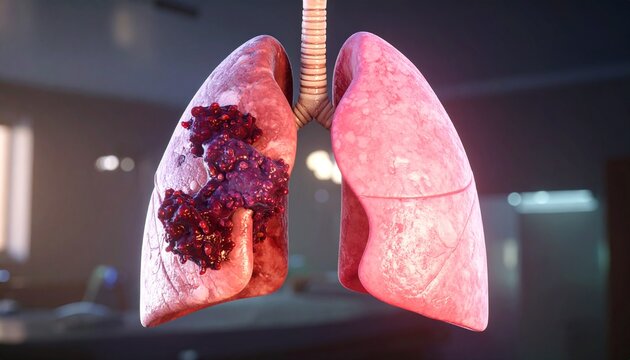 "3D medical illustration of human lungs, healthy tissue contrasted with diseased mass, clinical setting emphasizing diagnostic clarity and symbolic fragility&hellip;"