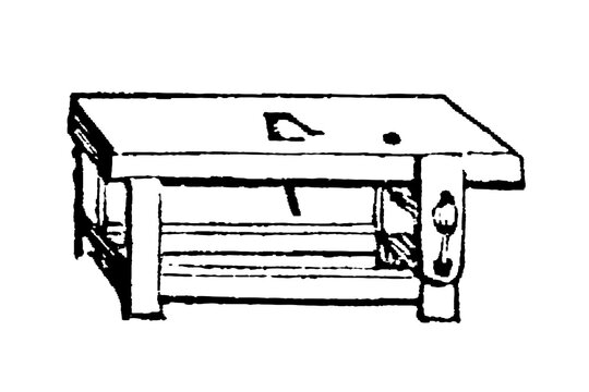 Traditional workbench with plane on top, rustic and sturdy design, old vintage illustration, 1897.