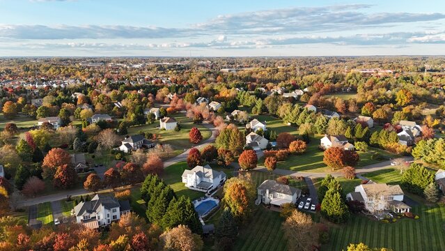 Aerial view of colorful autumn neighborhood in Garnet Valley, Pennsylvania suburb near Philadelphia