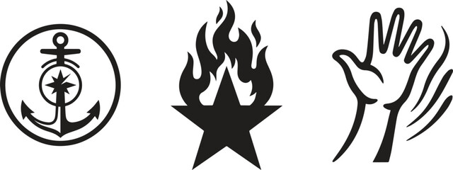 Fototapeta premium Black nautical, fire, and hand icons, vector graphics, symbol set