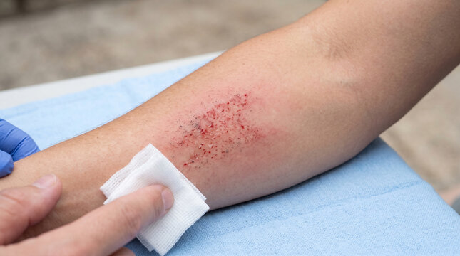 Gently tending a fresh abrasion on a patient's arm, a compassionate hand meticulously cleans the skin with soft gauze