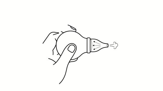 Minimalist line art of a hand using a baby nasal aspirator bulb. Clean black outline illustration of infant health care and hygiene on a white background