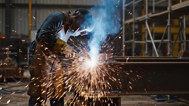 A skilled African American welder performs arc welding on metal beams in a busy industrial workshop. Sparks fly.