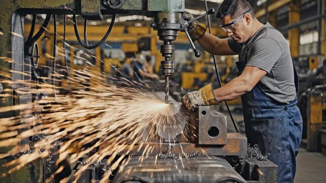 A skilled factory worker operates a drilling machine, generating bright sparks during metal fabrication in a factory.