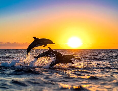 Group of dolphins jumping through splashing ocean waves at sunset with a bright golden sun on the horizon and a soft colorful sky reflecting on the rippling water surface