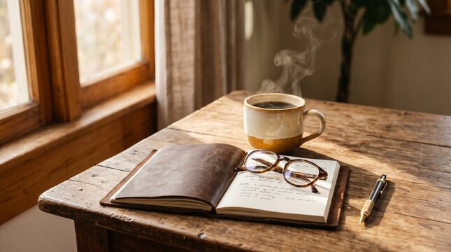 Steaming coffee cup and open journal on a rustic wooden table by a window