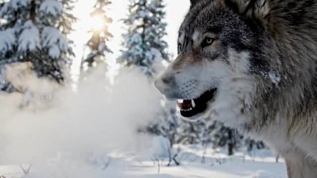 Majestic timber wolf exhaling breath in a snowy forest illuminated by the sun's bright rays, winter wonderland setting