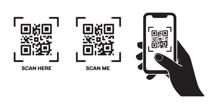 Qr code scan here banners and hand holding smartphone for scanning digital code vector illustration.