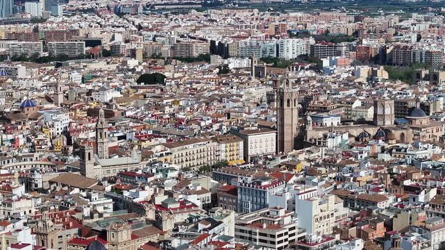 La Reina Square At Valencia In Comunidad Valenciana Spain. Old Town Scenery. Downtown City. Valencia At Comunidad Valenciana Spain. Turia Gardens Skyline. Beautiful Cityscape.