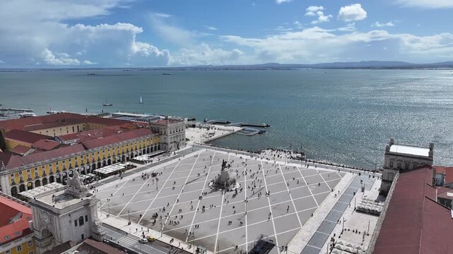 Comercio Square At Lisbon In Lisbon District Portugal. Augusta Arch Scenery. Ancient Cityscape. Comercio Square At Lisbon In Portugal. Historical City Landscape. Tourism Travel Landscape.