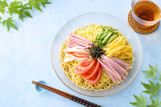Japanese Hiyashi Chuka Flat Lay Background with Copy Space