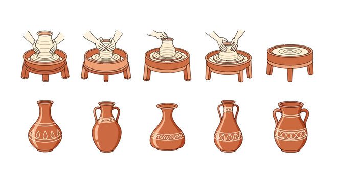 Pottery Making Process and Ceramic Vase Collection Vector Illustration