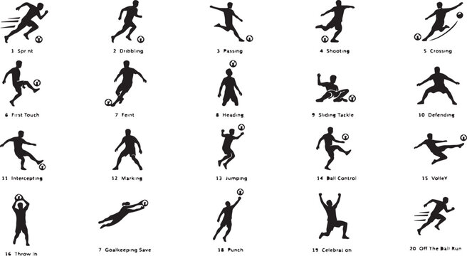 Comprehensive Collection of Soccer Player Silhouettes Demonstrating 20 Key Football Skills and Movements