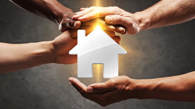 Diverse hands join to support a glowing white house symbol, representing unity and home