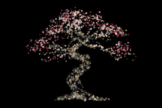 Vector abstract gold sakura cherry blossom tree silhouette formed by pink and golden flower particles on black background for premium nature technology digital and luxury lifestyle concept