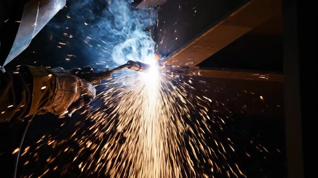 A skilled welder meticulously joins metal components, creating a shower of brilliant sparks and smoke. This industrial process.