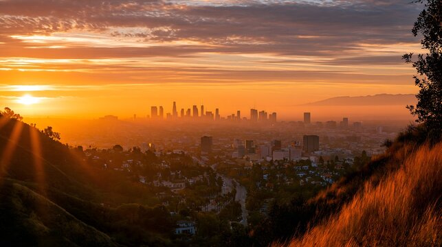 Southern California Dream: Breathtaking Golden Hour Overlook of Los Angeles, Featuring Elegant Rolling Hillsides, Palm-Lined Boulevards, Luxury Estates, and the Downtown Skyline Glowing in the Distanc
