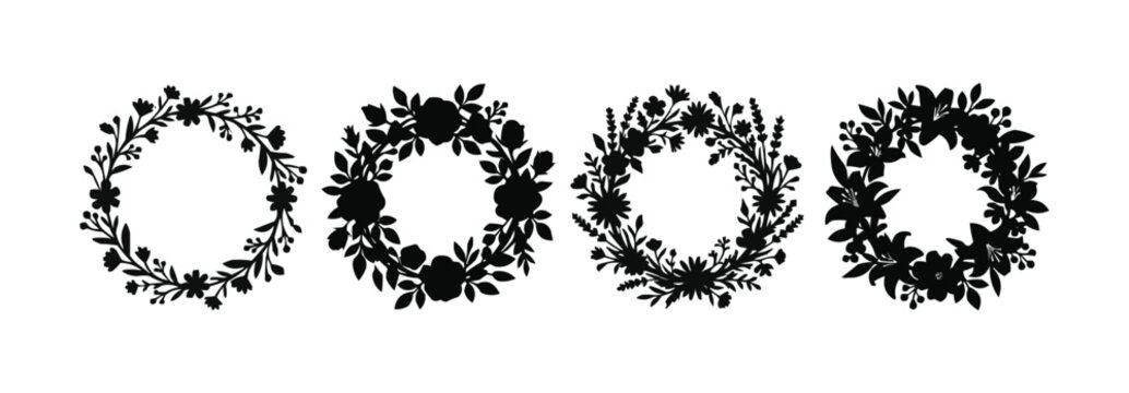 Floral Wreath Silhouettes Set, Decorative Circular Flower Frames and Botanical Borders, Wedding Invitation and Nature Concept Vector Illustration