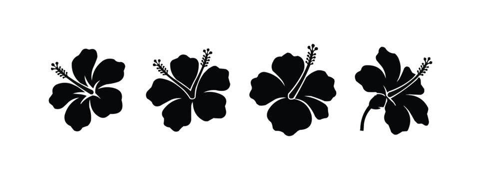 Hibiscus Flower Silhouettes Set, Tropical Floral Designs including Exotic Blooms and Petals, Botanical Garden and Nature Concept Vector Illustration