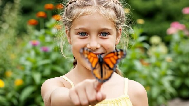 Close-up of a smiling young girl holding a monarch butterfly on her finger. Happy child interacting with wildlife in a blooming summer garden